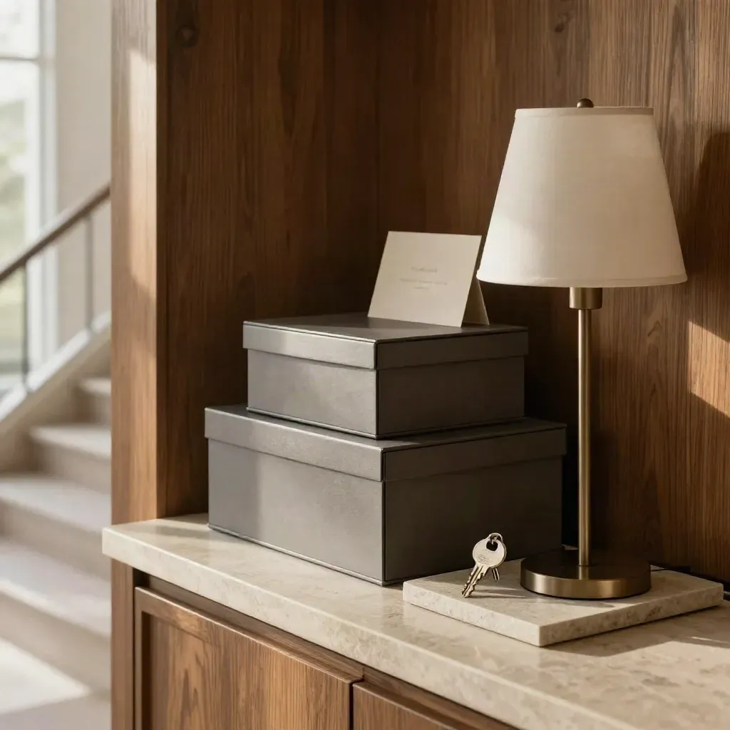 Townhouse entry console with matte boxes, a house key, and a compact lamp in cool daylight.