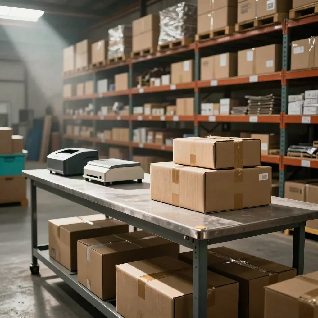Warehouse packing bench with sealed parcels, shelves, scale, and label printer ready for shipping.