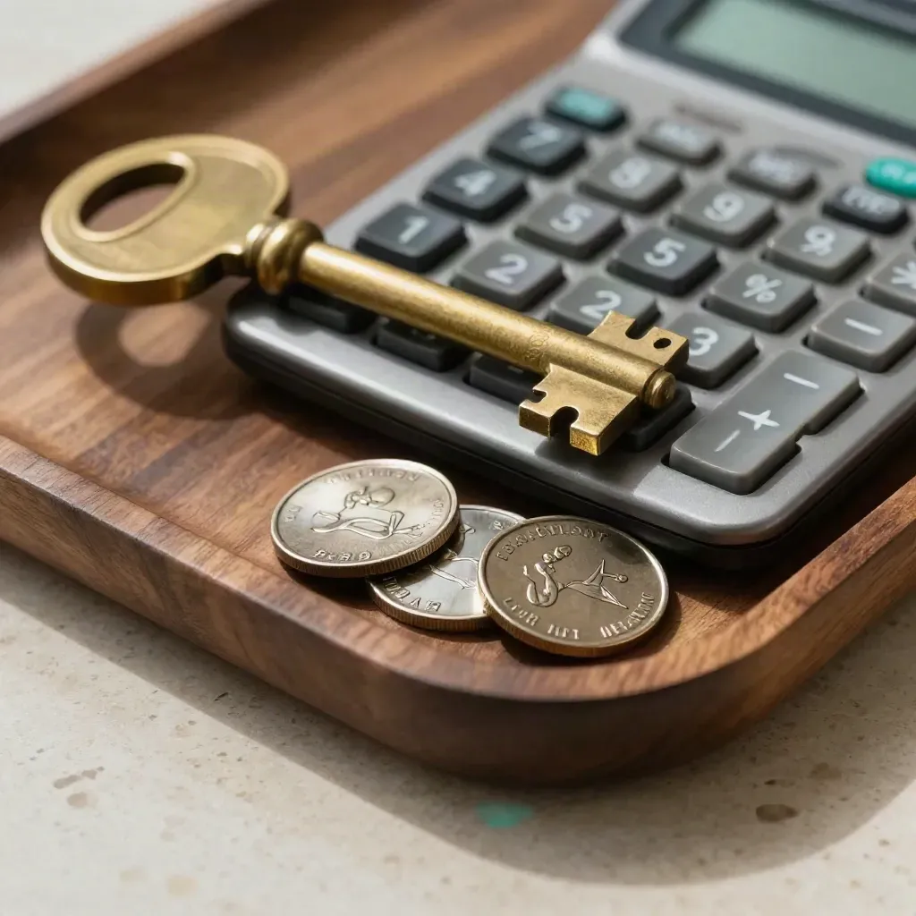 Macro still life of brass key blanks, lender tokens, and a calculator on a walnut tray.