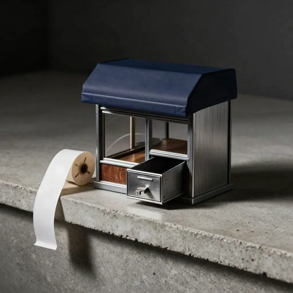 Miniature storefront model, receipt spool, and cash drawer on a concrete shelf in dramatic workshop light