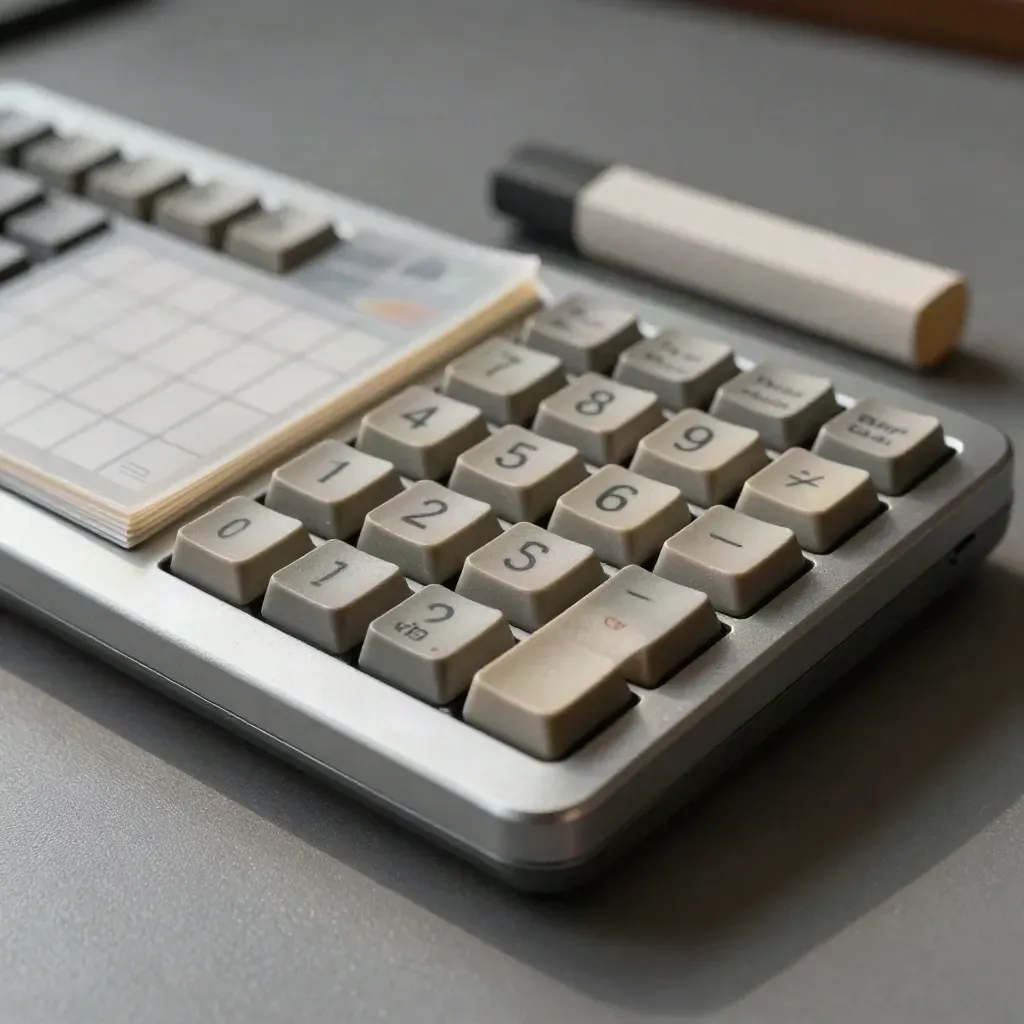 Keypad, translucent score cards, and a correction block on a graphite desk.