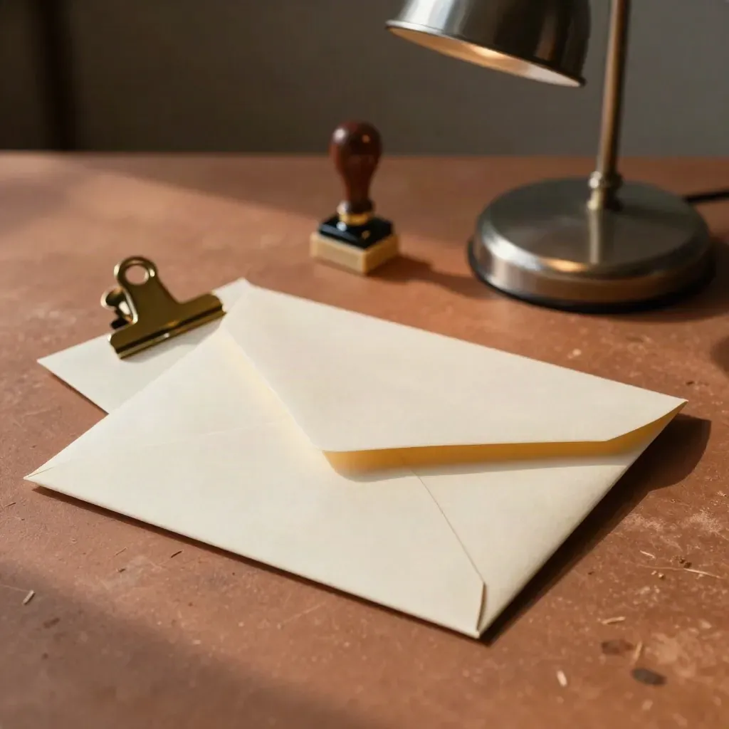 Envelope, folder, date stamp, brass clip and desk lamp on terracotta clay under soft side light.