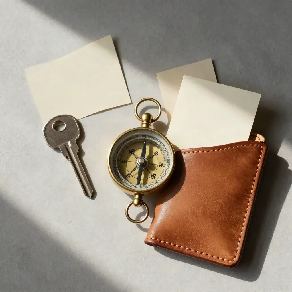 Brass compass, two keys and blank cards in a leather catchall on a soft plaster sweep