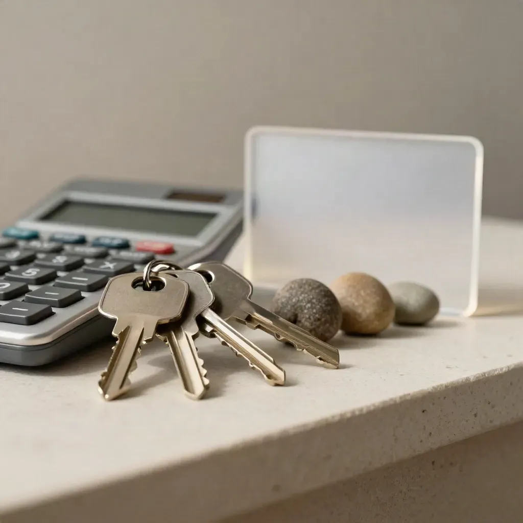 Three key blanks beside a calculator and token row on a stone shelf, side-lit and softly blurred.