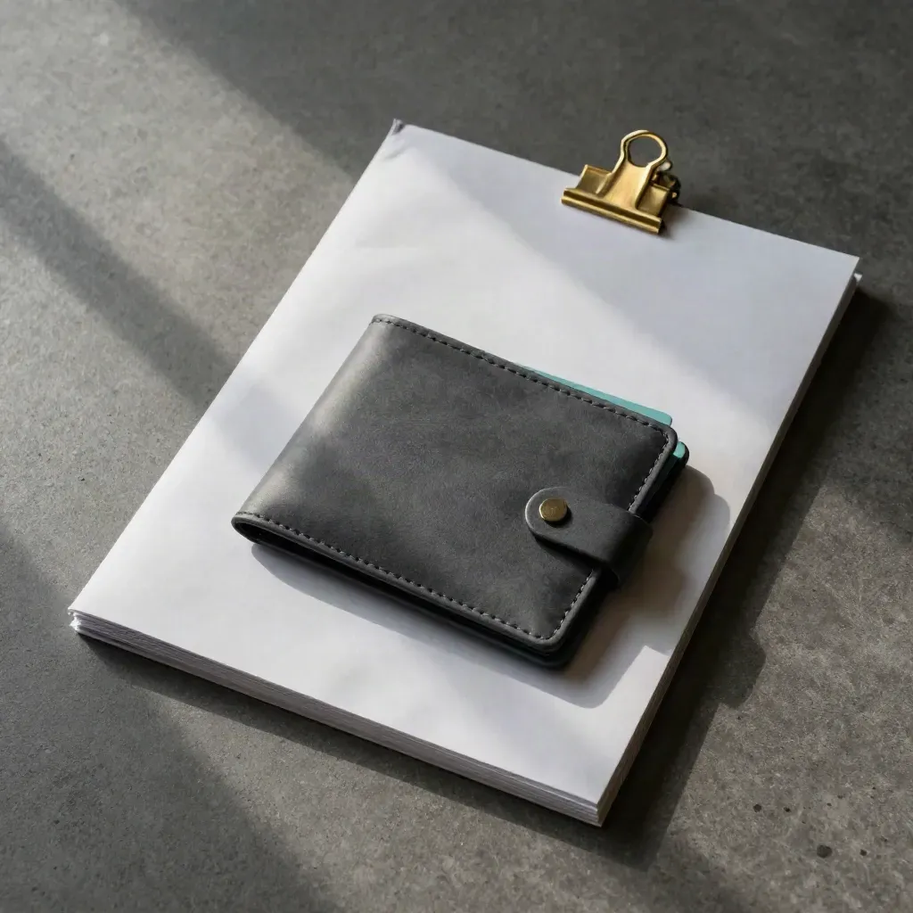 Frosted document sleeve, file wallet, and brass clip on a dark desktop with teal accent.