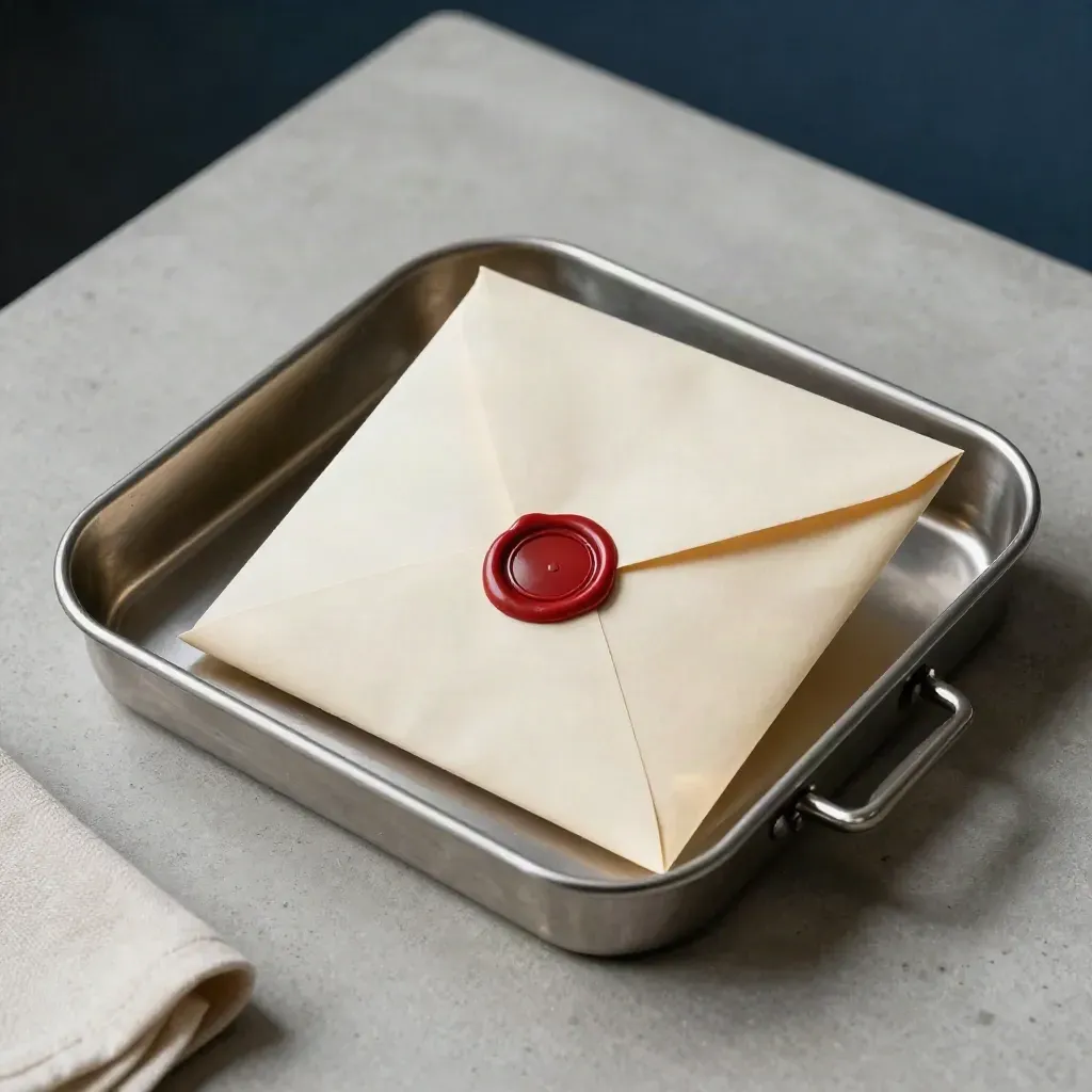 Sealed loan packet with wax seal, tray, and key on concrete, shot in soft side light.