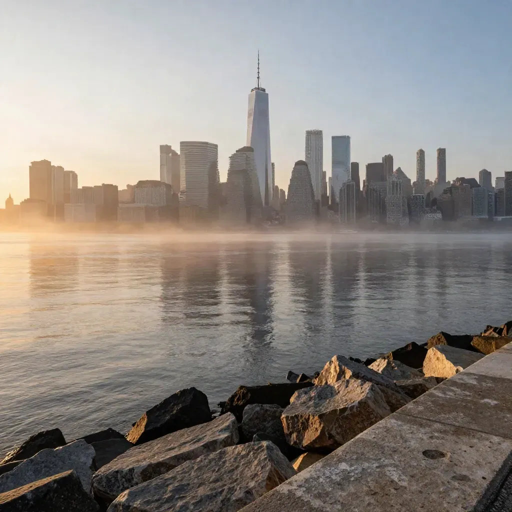 Manhattan skyline over East River haze at sunrise from a Brooklyn waterfront ridge