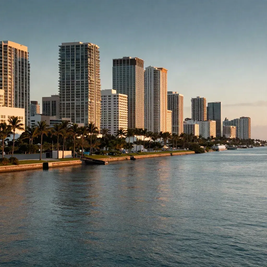 Miami skyline at golden hour over calm bay water, palm-lined causeway and hazy warm light.