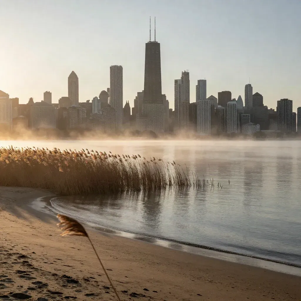 Chicago skyline above a misty lakeshore at dawn with reeds and open water