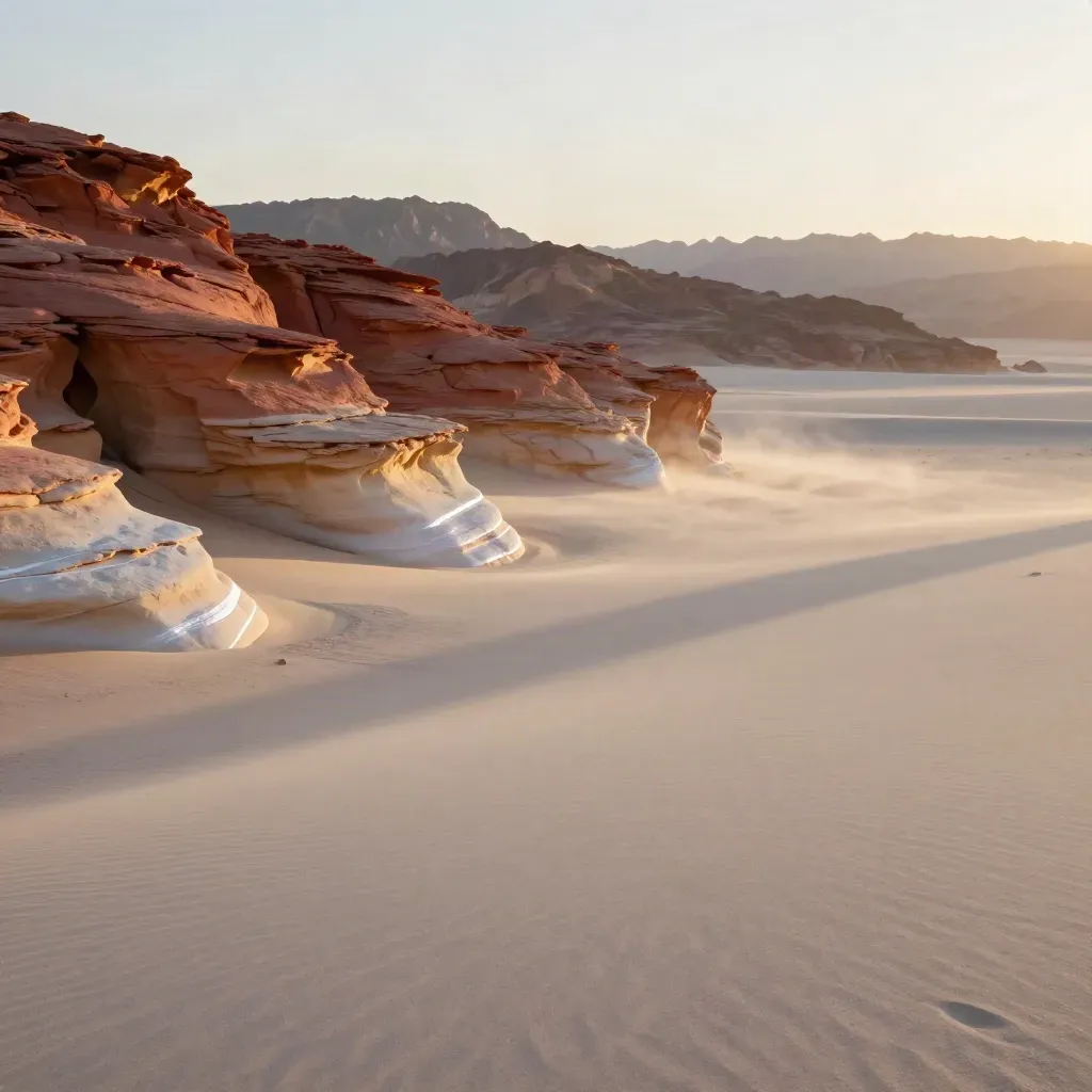 Golden desert rock ledges above a calm pale sand field with distant mountains