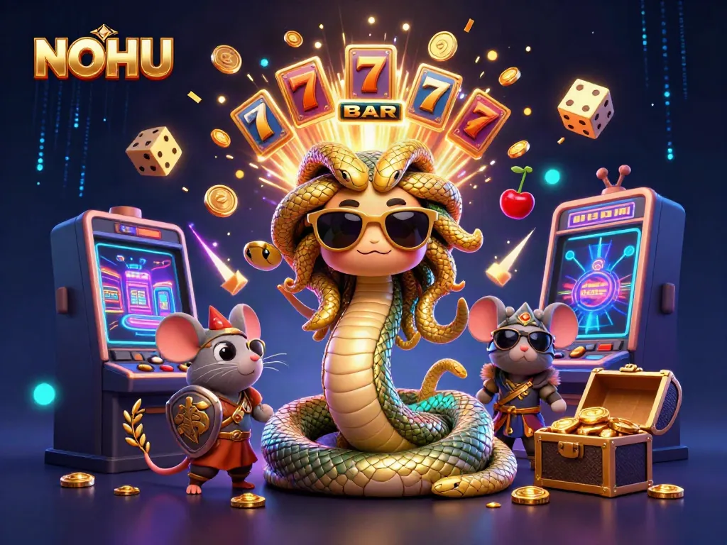 Play slots and win big with NOHU in this vibrant 3D illustration of a casino jackpot scene.