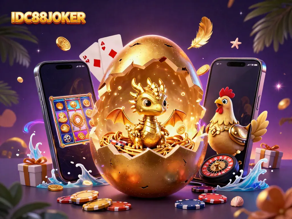 Engage with IDC88JOKER's thrilling gaming scene featuring a golden dragon and dynamic slot game elements.