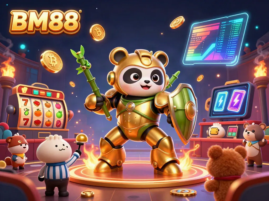 Engage in thrilling gameplay with BM88 as a golden panda fights in a casino arena, complete with vibrant game symbols.