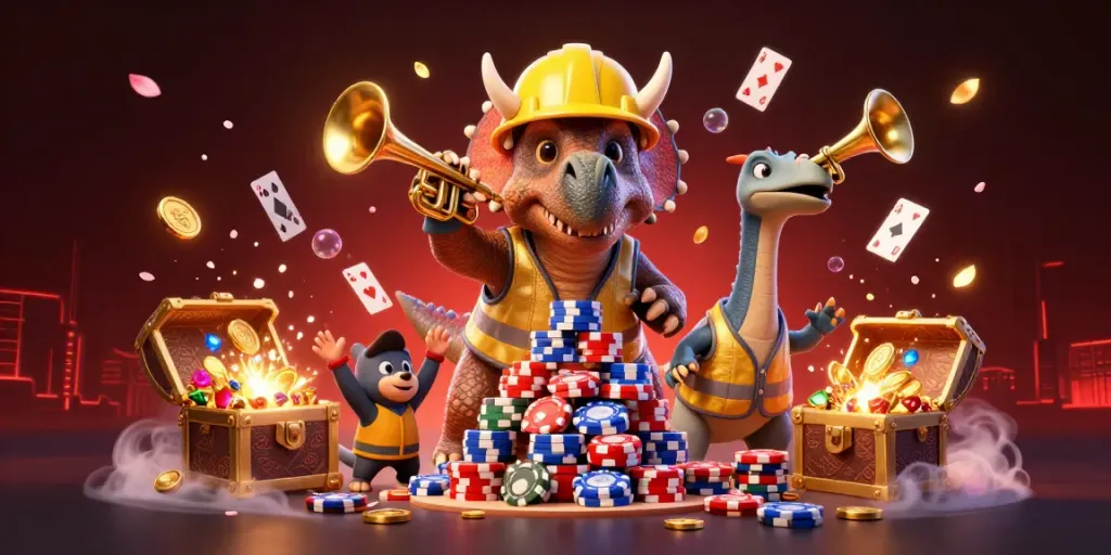 Engage in thrilling moments at 11BET as a triumphant triceratops builds a poker chip pyramid amidst celebration and dynamic gaming elements.