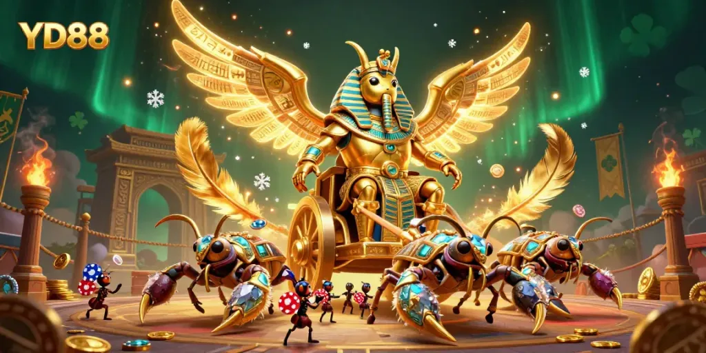 Experience thrilling bets at YD88 with a vibrant 3D casino scene featuring a golden beetle and scorpions.