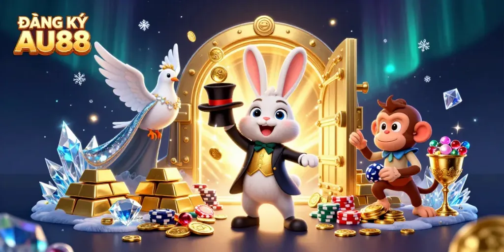 Experience engaging gameplay and winnings with ĐĂNG KÝ AU88, showcasing vibrant casino elements and lively characters.