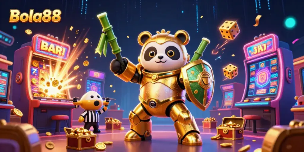Bola88 vibrant casino scene showcasing the golden panda in mech-suit amidst jackpot elements.