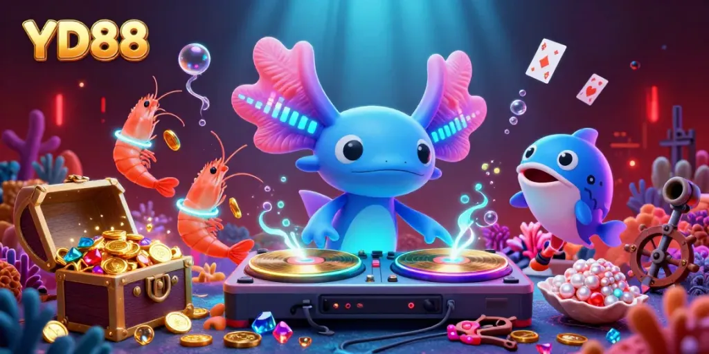 Engage in thrilling underwater casino adventures at YD88, featuring a dynamic neon axolotl DJ and lively aquatic characters.