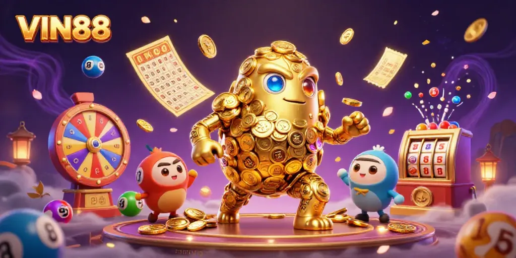 Experience the dynamic excitement of VIN88 with colorful lottery elements and a golden golem in a surreal casino setting.