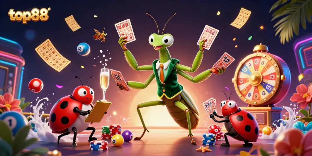 Experience top88's vibrant casino atmosphere with a card sharp and pit boss in playful action.