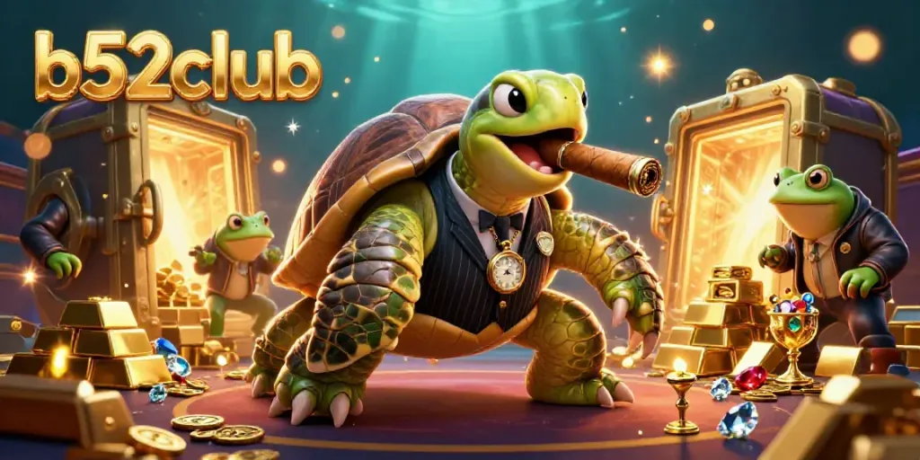 Engage in the winning atmosphere of b52club with a vibrant illustration of a snapping turtle mobster, flanked by bullfrog enforcers.