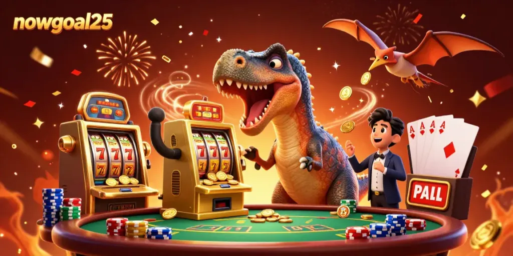 Experience nowgoal25 as thrilling dinosaur characters interact with a jackpot at a vibrant casino scene.