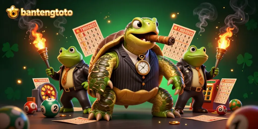 Bantengtoto showcasing exciting lottery elements with a snapping turtle and bullfrogs in an engaging casino atmosphere.