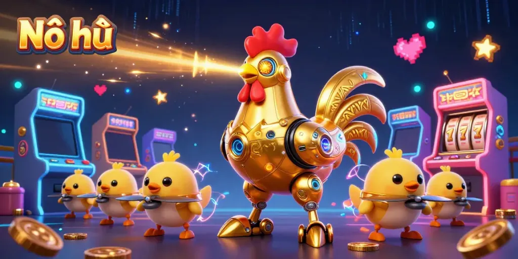 Engage with Nổ hũ gameplay in a vibrant 3D illustration featuring a futuristic golden rooster robot and arcade elements.