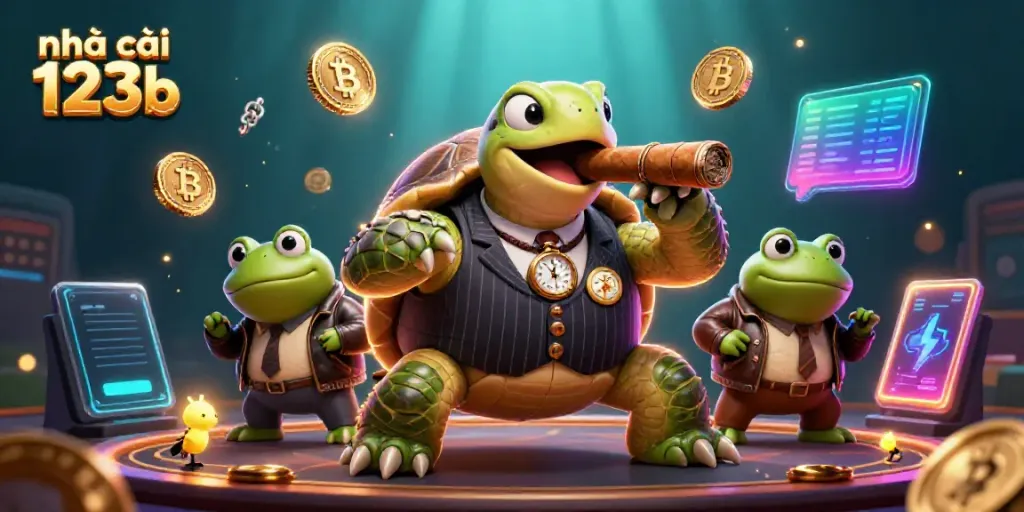 Experience the excitement of nhà cái 123b with a cartoon turtle mobster and bullfrog enforcers in a vibrant casino scene.