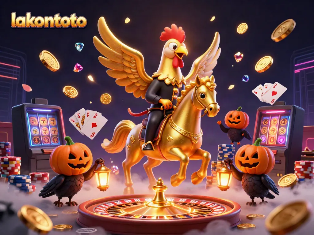 Permainan togel dengan lakontoto menampilkan karakter ayam emas legendaris dan suasana kasino malam yang memikat.