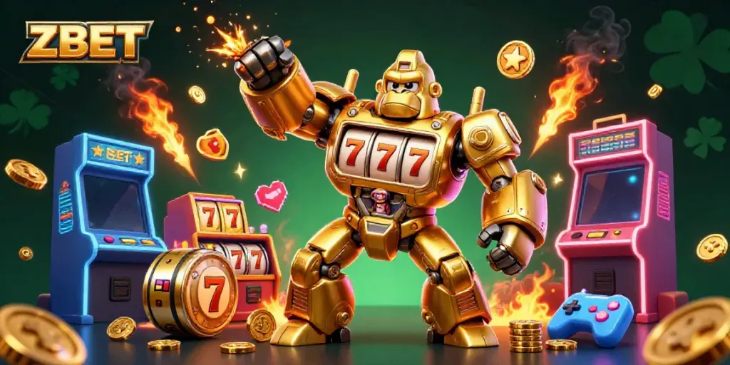 ZBET gaming scene featuring a golden mech and vibrant casino elements for immersive experiences.