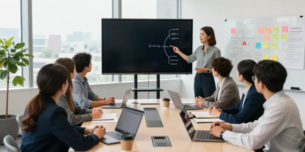 Dynamic executive leadership coaching session with collaborative professionals in a modern conference room.