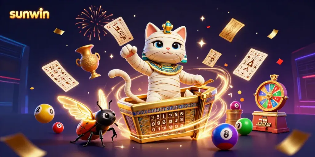 Engage with sunwin’s thrilling casino experience featuring a mummy cat and lottery elements in a lively setting.