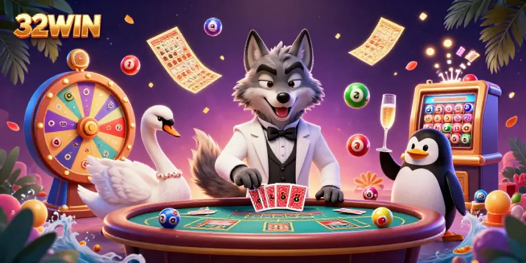 Engage with lively 32WIN casino action featuring a debonair wolf, elegant swan, and sophisticated penguin.