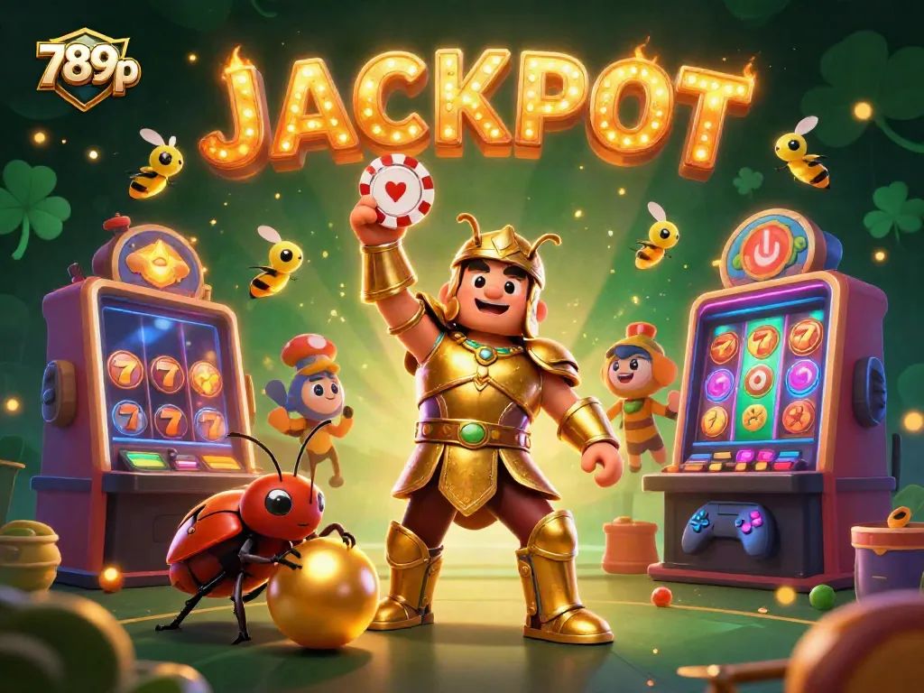 Experience thrilling victories with 789p, featuring a heroic beetle lifting a poker chip amidst vibrant casino elements.
