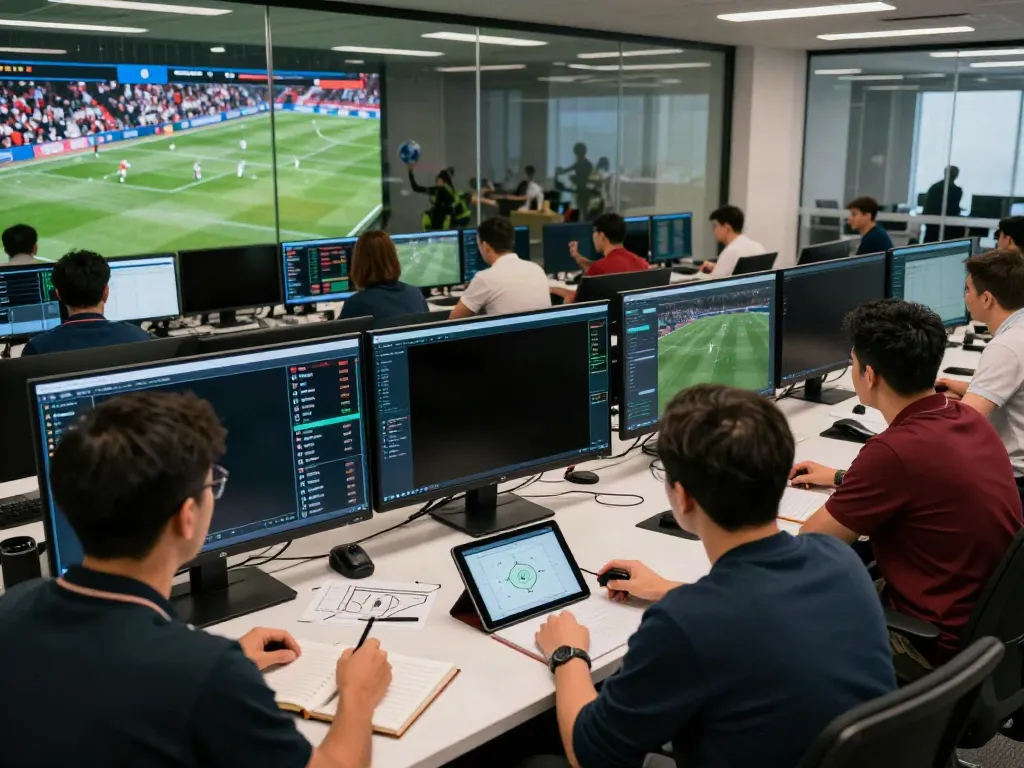 TOP10FOOTBALL analysts in a data room analyzing player stats and match highlights.
