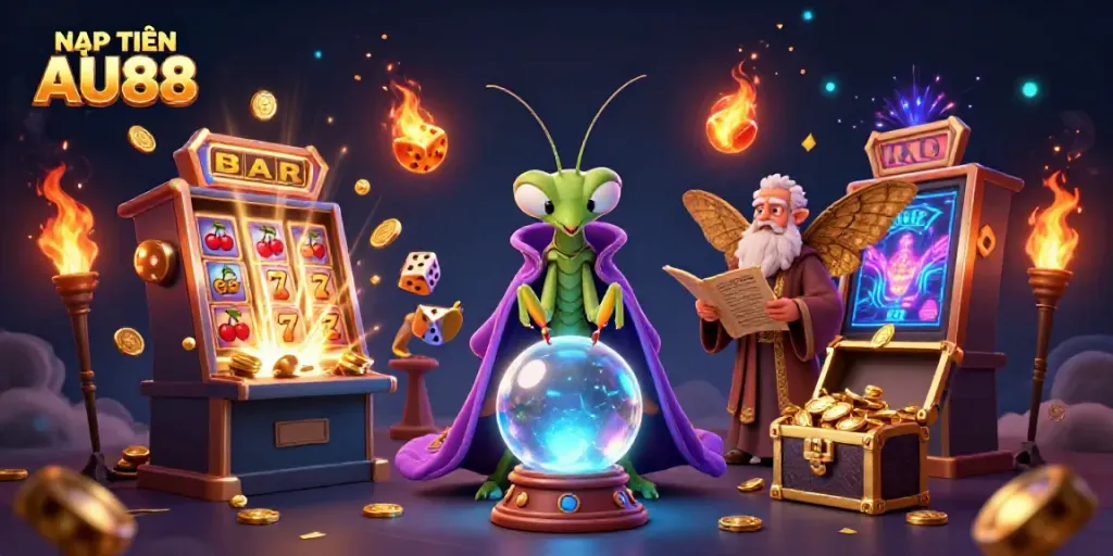 NẠP TIỀN AU88 with animated fortune teller and moth librarian amidst a slot machine jackpot explosion
