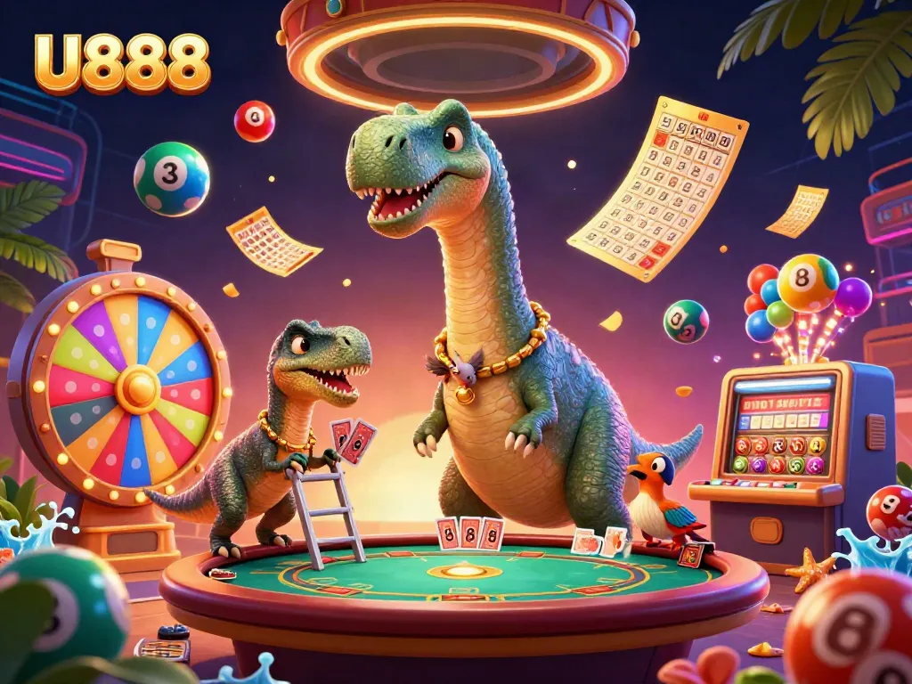 Experience exciting gaming action with U888, featuring vibrant characters and casino elements in an engaging 3D scene.