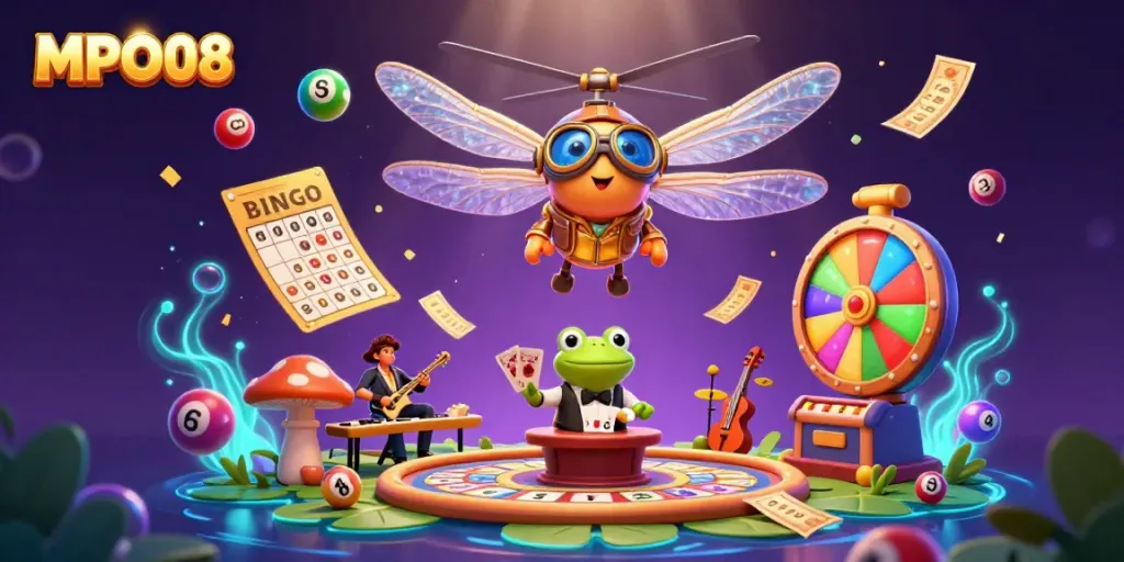 Engage with MPO08 casino fun featuring a dragonfly pilot and frog croupier in action.