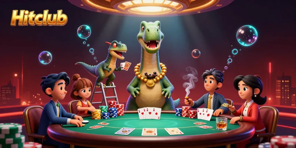 Hitclub's vibrant casino scene with a giant brontosaurus overlooking a poker game, showcasing dynamic gaming elements.