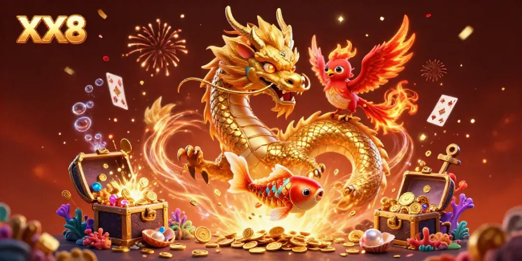 Experience the exciting world of XX8 with fierce dragons, golden koi, and vibrant casino elements.