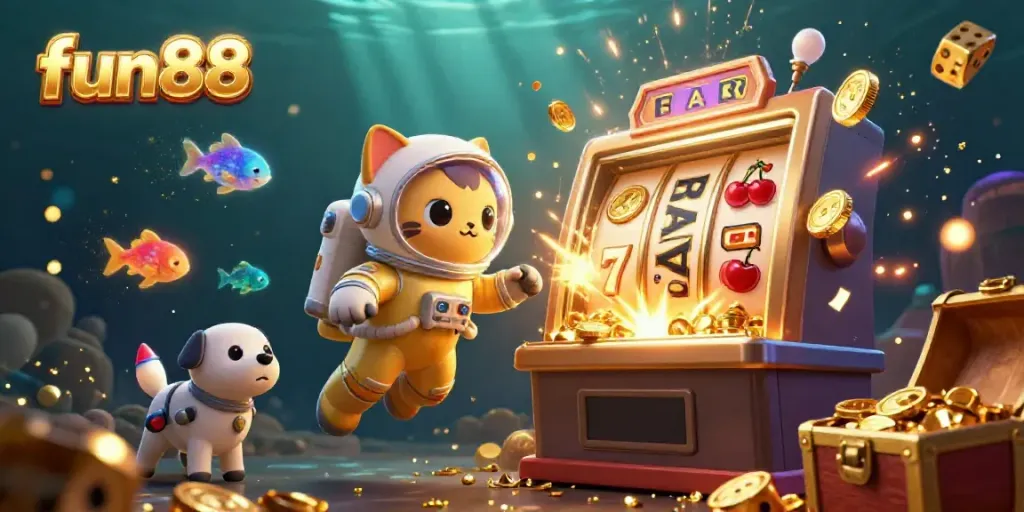 Experience fun88 with a dynamic scene featuring an astronaut cat and a jackpot explosion, delivering a vibrant online casino atmosphere.