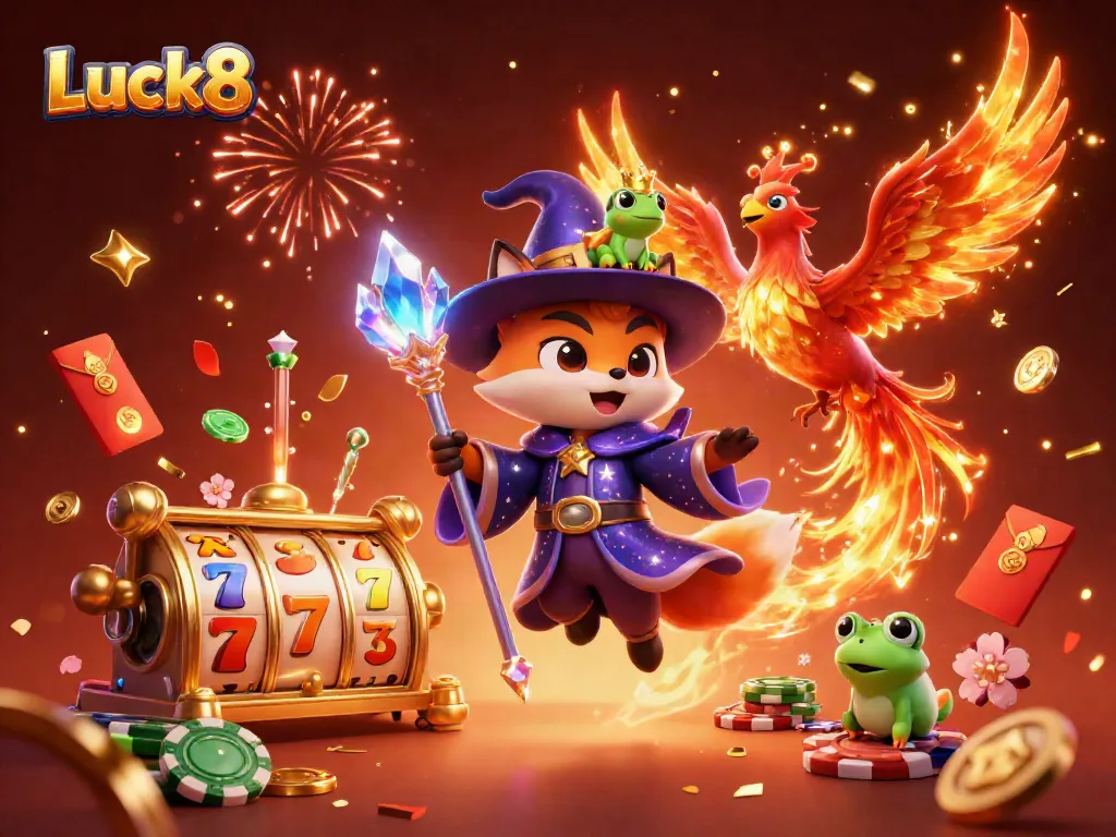 Experience Luck8's thrilling games surrounded by enchanted characters in a magical casino setting.
