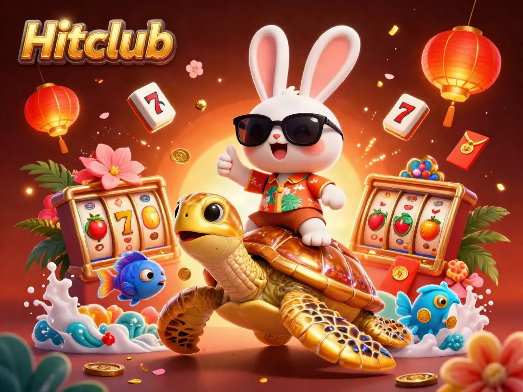 Hitclub's vibrant online gaming scene features a lucky rabbit and sea turtle, spinning 3D slot reels.