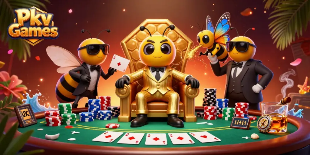 Engage in exciting Pkv Games with a vibrant poker scene featuring a whimsical mob boss and dazzling elements.
