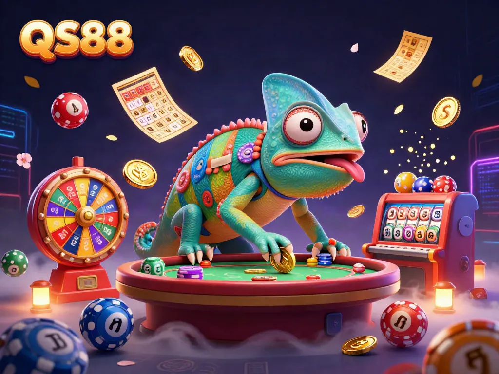 Experience excitement at QS88 casino with vibrant games and a colorful chameleon host.