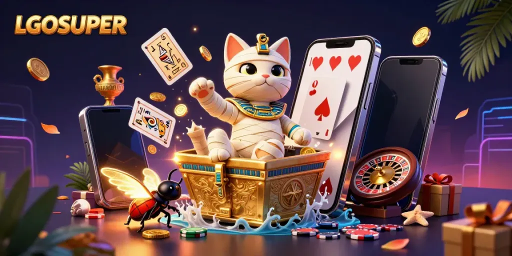 Experience mesmerizing gaming with LGOSUPER's captivating Egyptian-themed scene featuring lively characters and vibrant slot games.