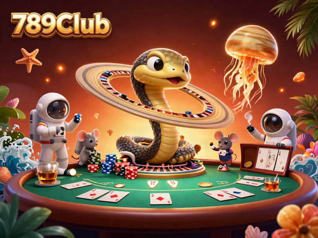 Experience thrilling bets at 789Club with playful astronaut mice and a cosmic dealer amidst vibrant casino elements.