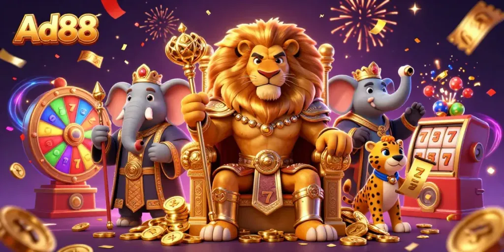 Ad88 showcases an exhilarating casino scene with a lion king, elephant, and cheetah amid vibrant game elements.