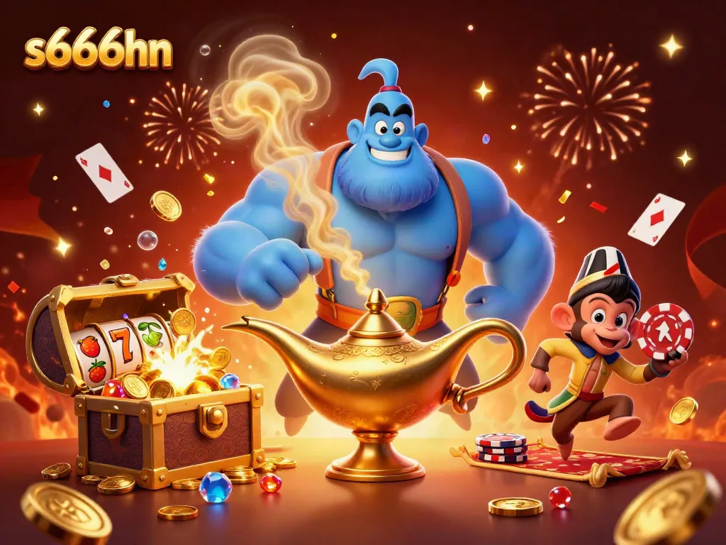 Engage with exciting gaming on s666hn, featuring a vibrant genie, casino elements, and magical treasures.